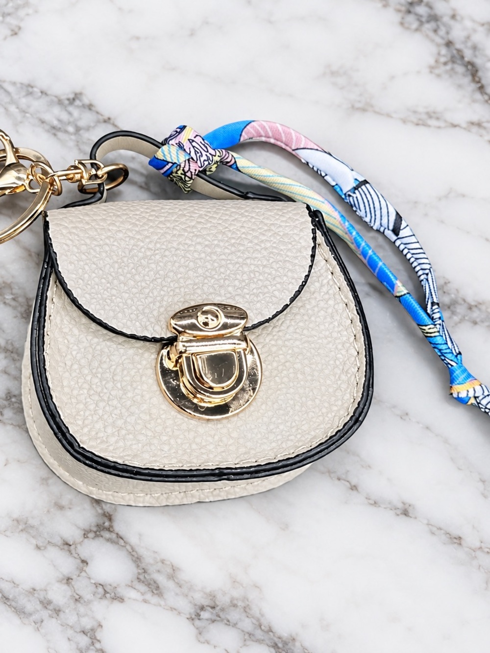 Chic Mini Saddle Bag Keychain Charm Cream with Scarf Accent w Clip